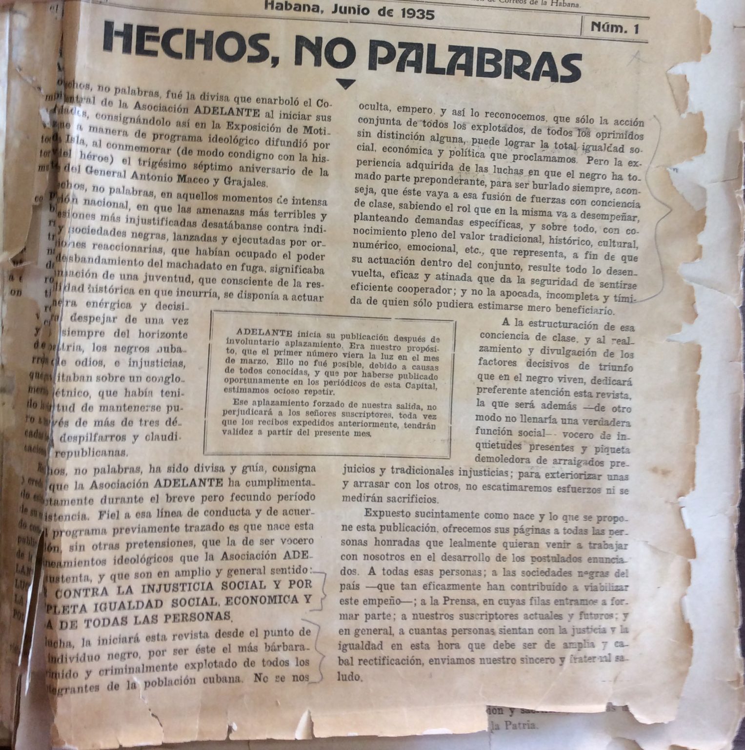 Editorial from Adelante titled Hechos, no palabras (Deeds, not Words)