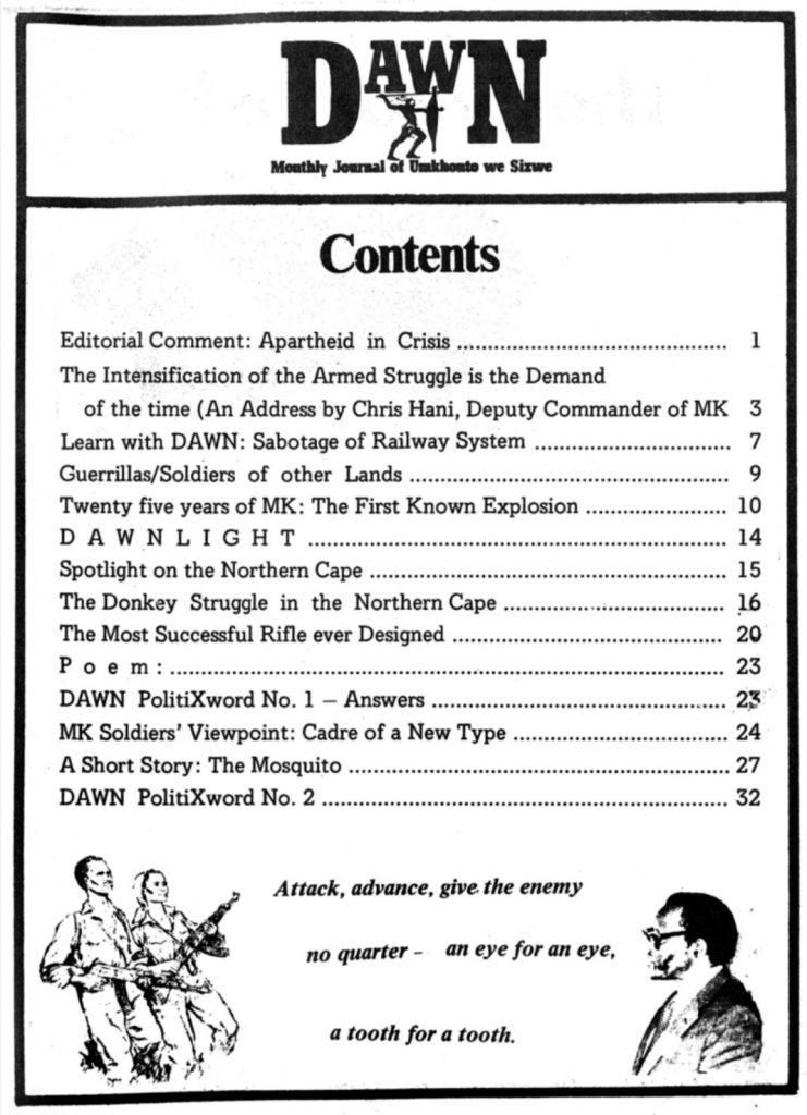 Contents page from Dawn: Journal of Umkhonto wa Sizwe