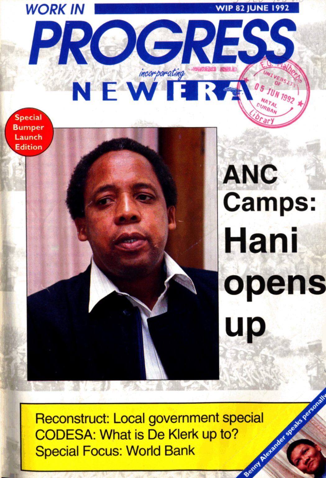 Front cover of Work in Progress magazine from June 1992 with a photo of Chris Hani.