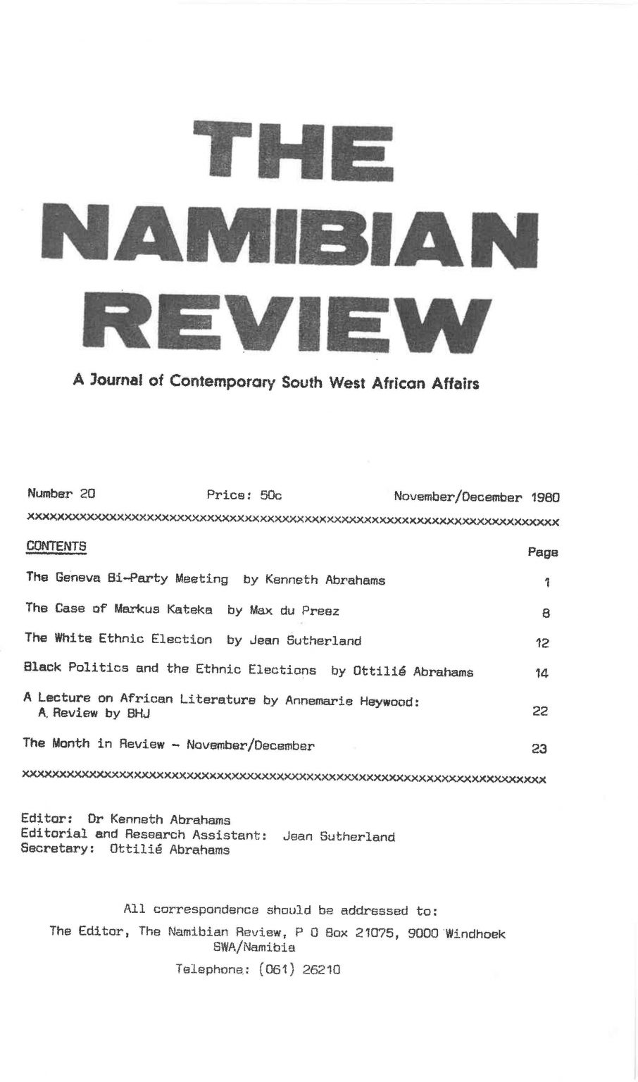 Cover of The Namibian Review. no. 20