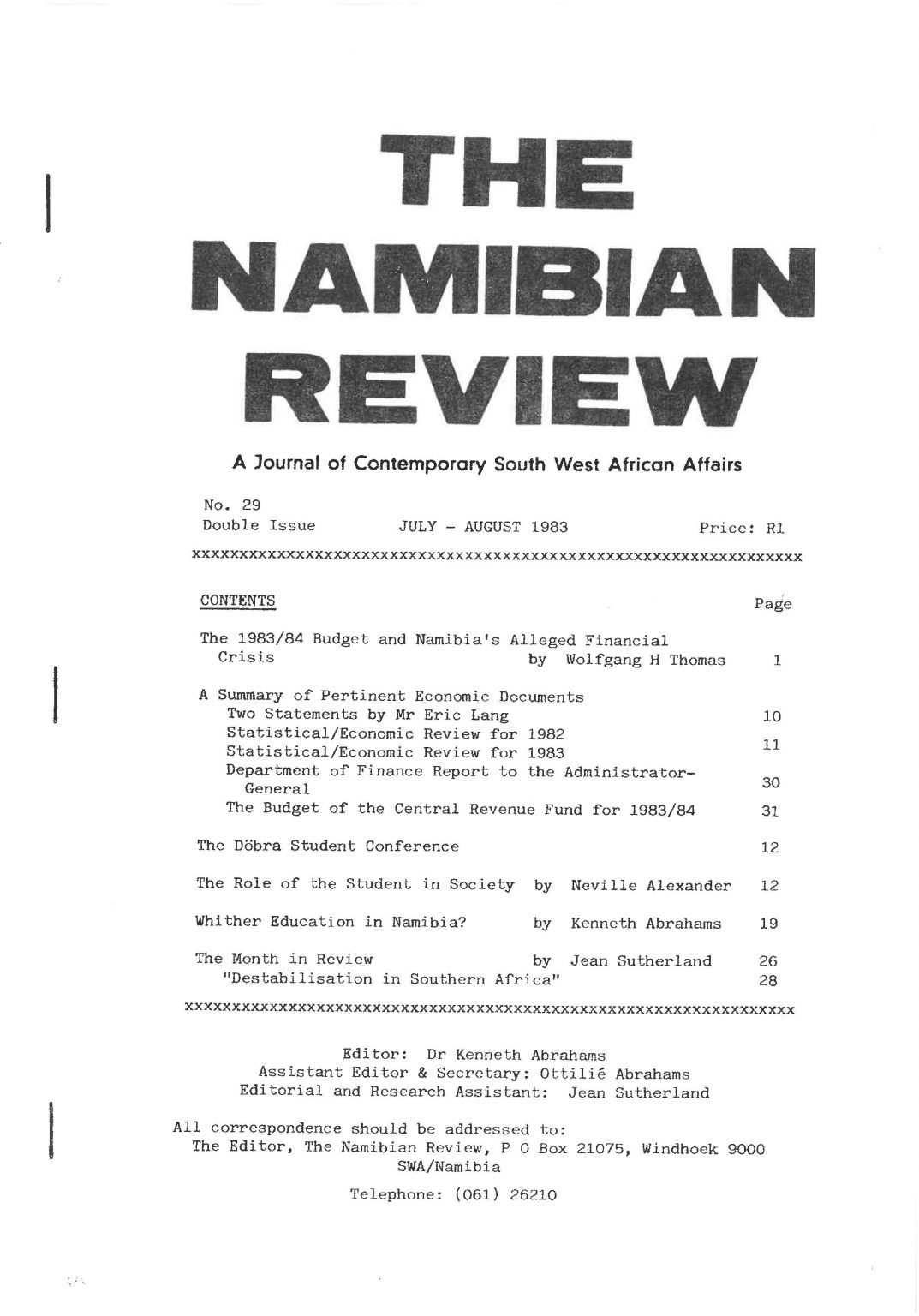 Cover of The Namibian Review. no. 29