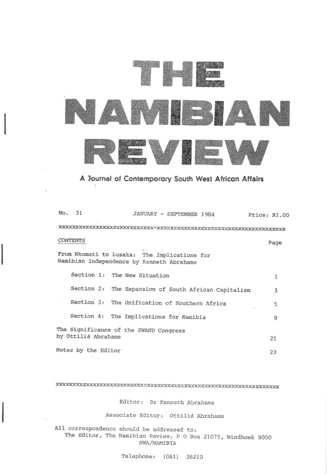 Cover of The Namibian Review. no. 31