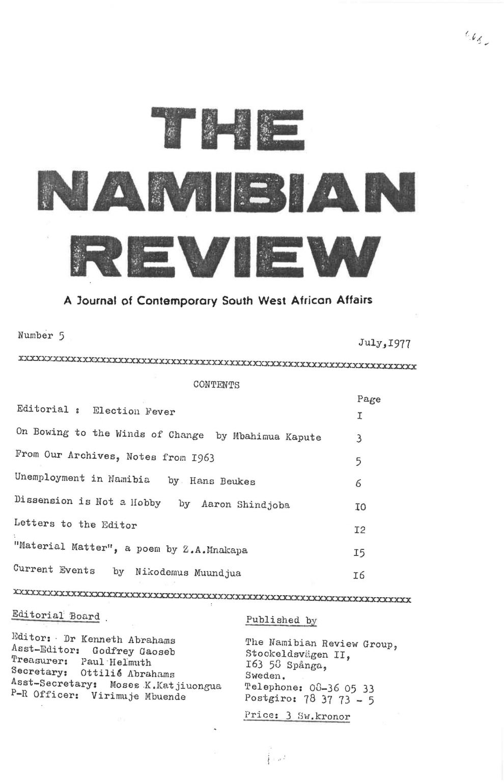Cover of The Namibian Review. no. 5