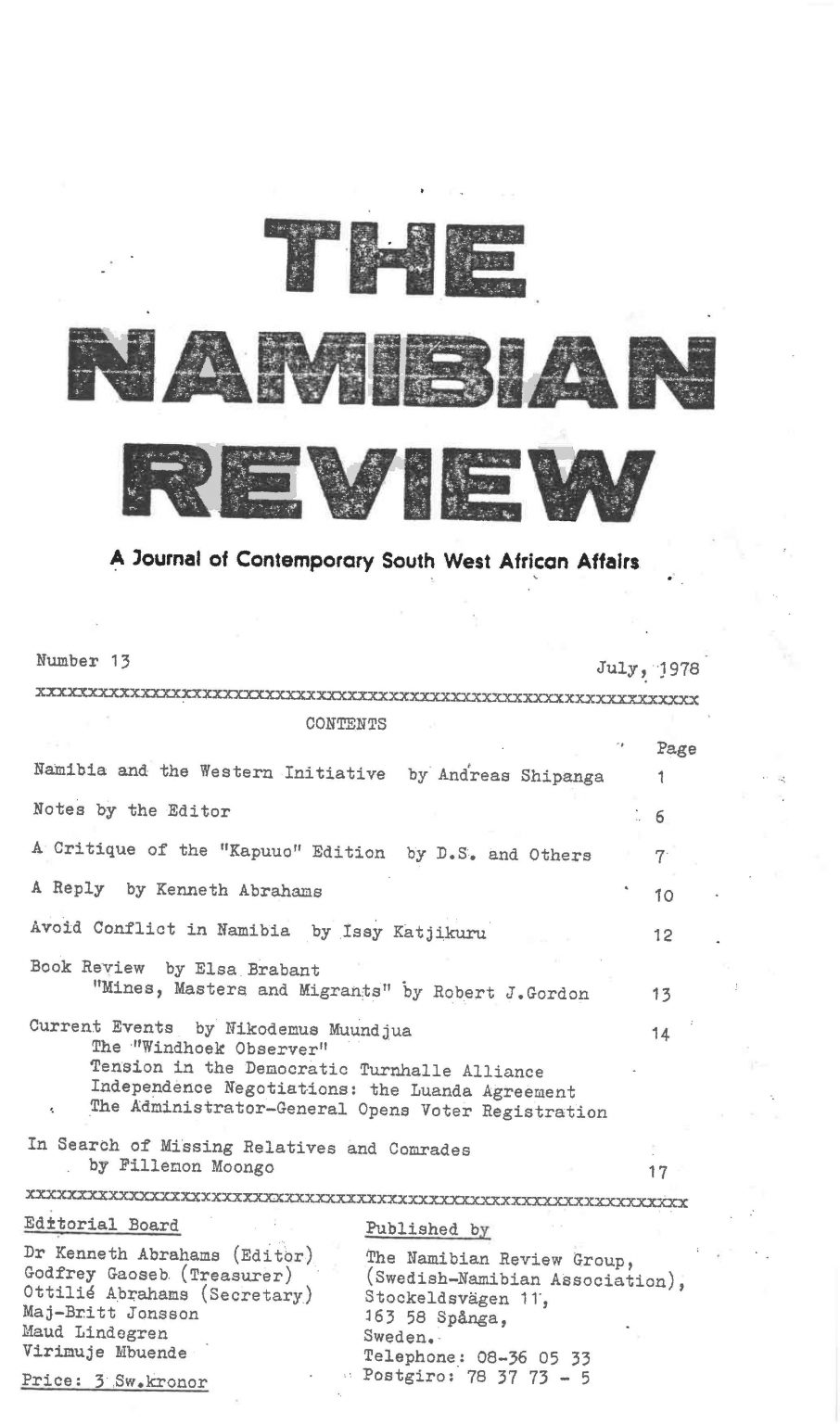 Cover of The Namibian Review. no. 13