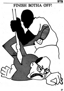 Illustration depicting Botha being finished off from the journal Dawn, 1986.
