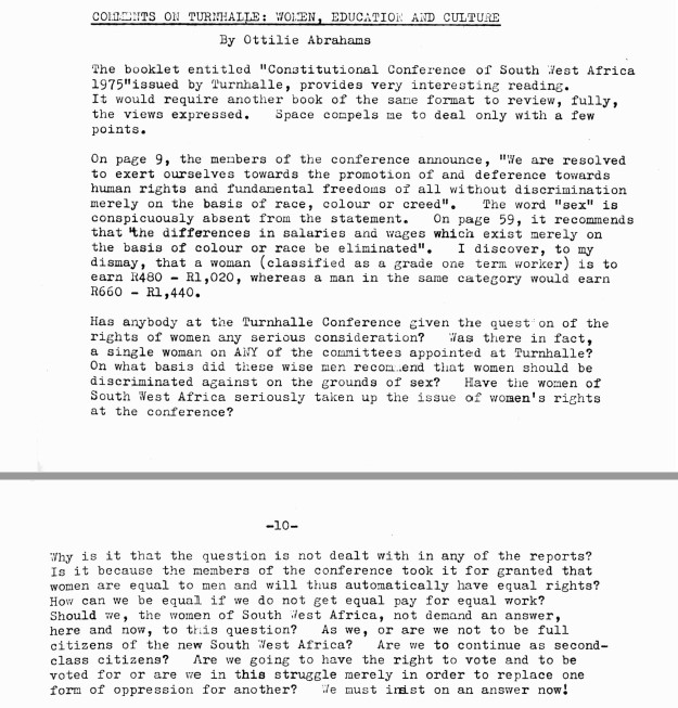 Article by Ottilie Abrahams titled Comments on Turnhalle: Women, Education, Culture, from The Namibian Review: A Journal of Contemporary South West African Affairs, No.1 (Nov 1976).