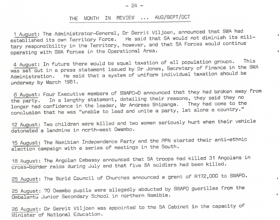 Excerpt of article on August 1980 in Namibia from The Namibian Review African Affairs, No. 19 (Sept/Oct 1980).