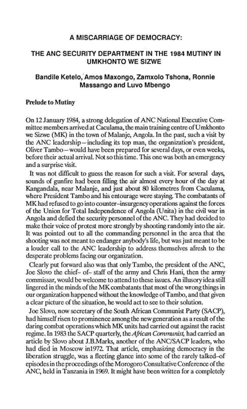 Article from Searchlight South Africa July 1990 edition on the 1984 mutiny in Umkhonto we Sizwe