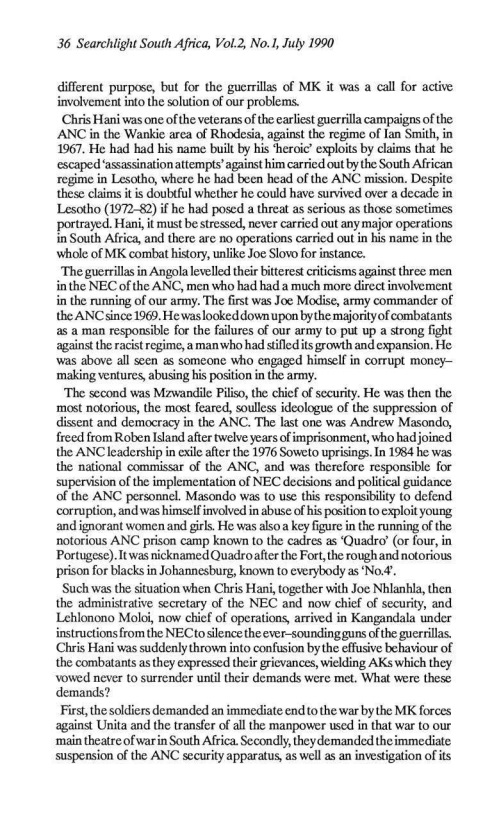Article from Searchlight South Africa July 1990 edition on the 1984 mutiny in Umkhonto we Sizwe continued