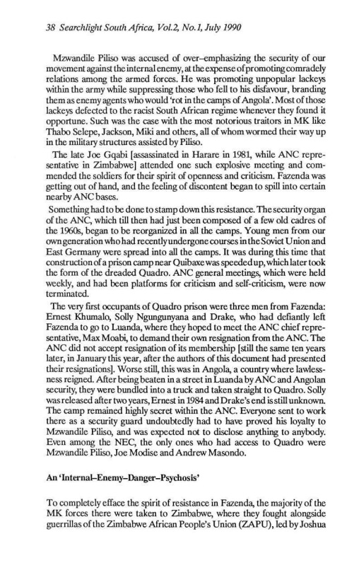 Article from Searchlight South Africa July 1990 edition on the 1984 mutiny in Umkhonto we Sizwe continued
