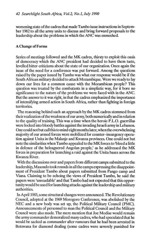 Article from Searchlight South Africa July 1990 edition on the 1984 mutiny in Umkhonto we Sizwe continued