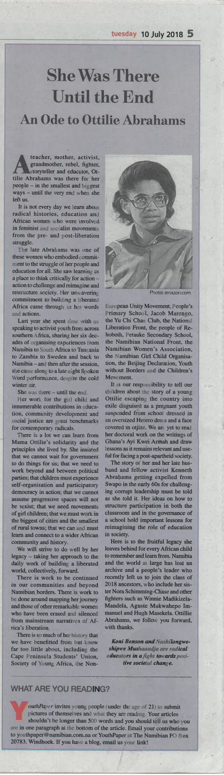 Newspaper clipping from The Namibian with tribute to Ottilie Abrahams