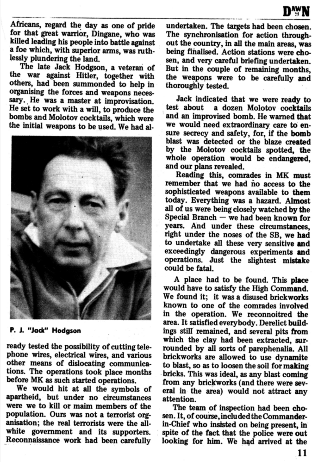 Excerpt from Dawn, article titled The First Known Explosion. Includes a photo of P. J. Jack Hodgson.