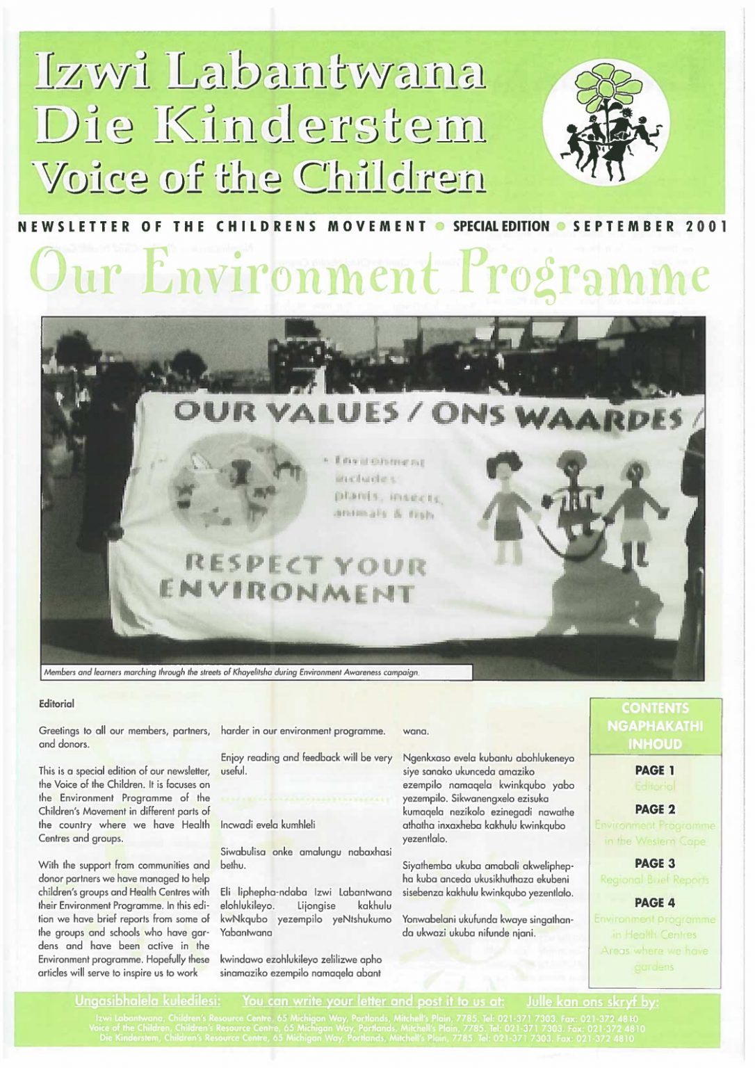 Page one of Voice of the Children, Sept 2001.